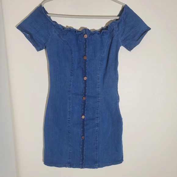 off the shoulder denim dress SALE ITEM!!! Off Shoulder Denim Dress. Belt Sold Separately 2x main image 1
